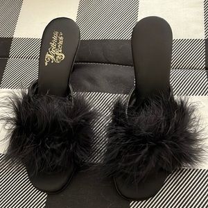 Vintage 80s Victoria's Secret Marabou Slippers Black Feather Boudoir Heels 7.5/8